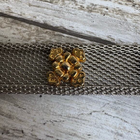 Metallic Mesh Metal Belt Gold Silver Tone Sz Sm 32” Edgy Y2K Utilitarian Floral - Picture 4 of 14